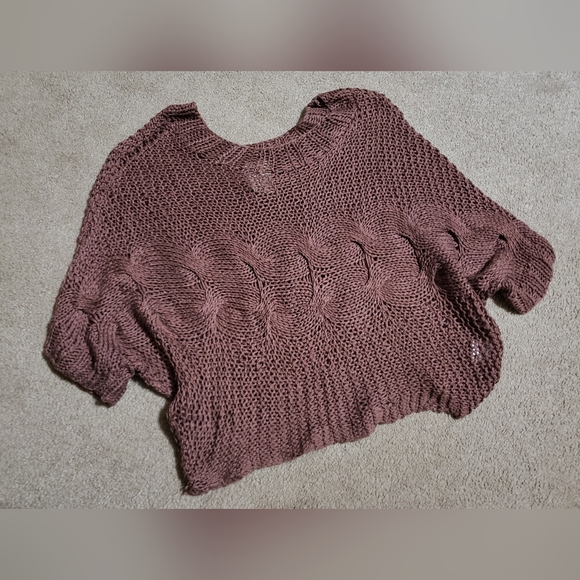 Puff & Bear Sweaters - Cropped Open-Knit Crew Neck Sweater in Mauve